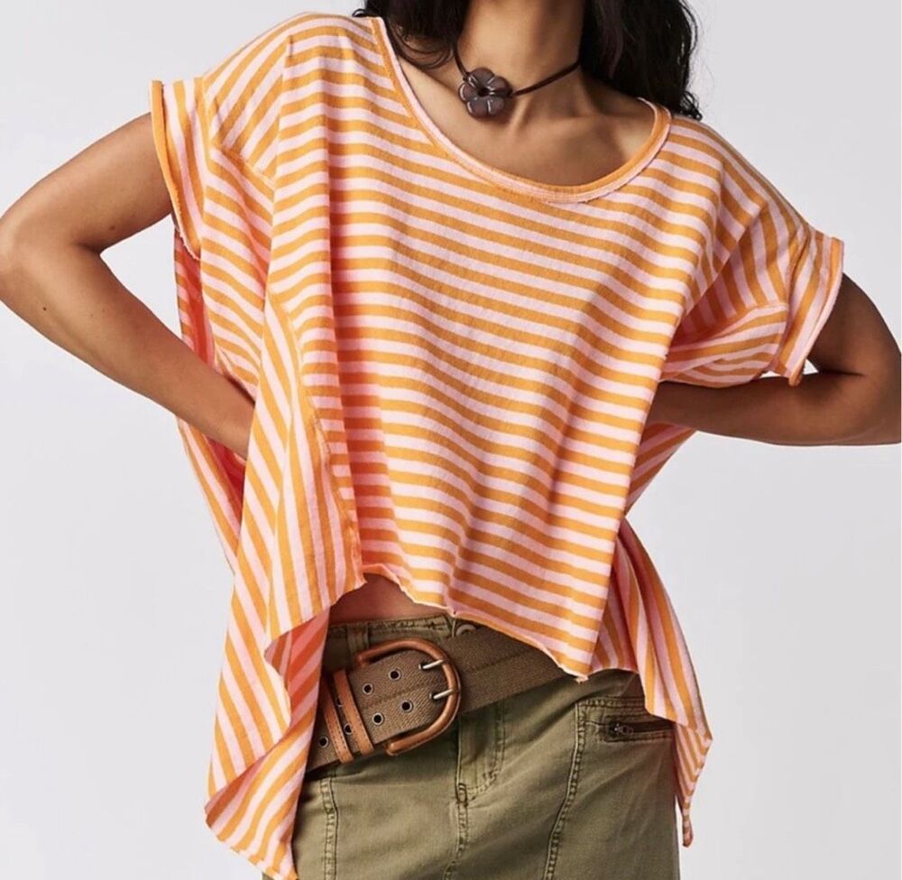 Free People X We The Free Angel Striped Tee pink orange size XS NEW